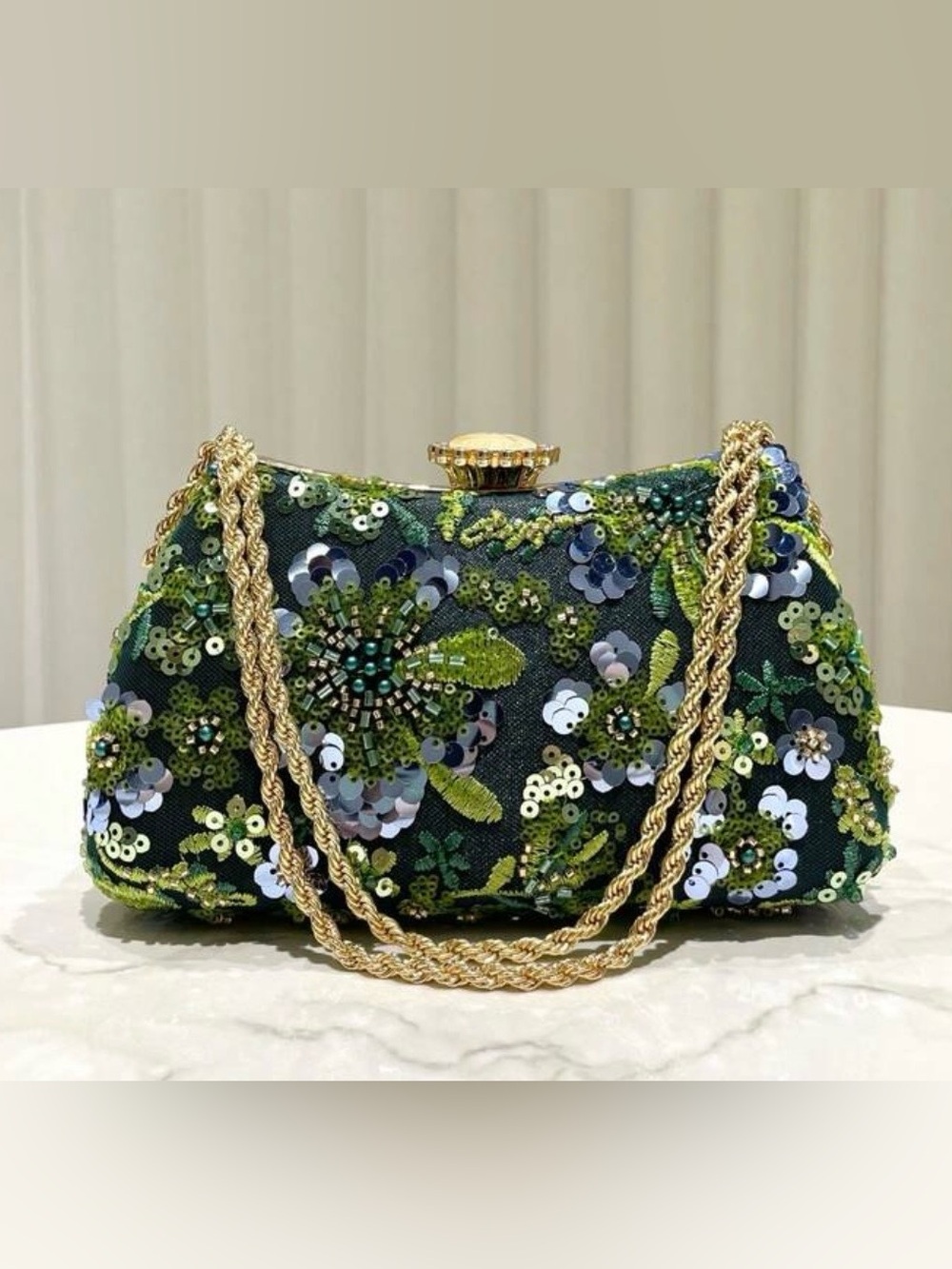 Embellished Green Sequin Floral Clutch with Gold Chain
